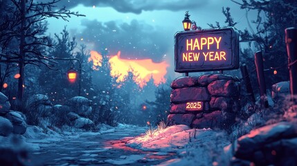 Snowy winter path with "Happy New Year 2025" sign, lanterns, and a sunset.