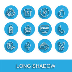 Set line Facial cosmetic mask, Leaf or leaves, Organic, Animal cruelty free, Eggplant and Vegan food diet icon. Vector