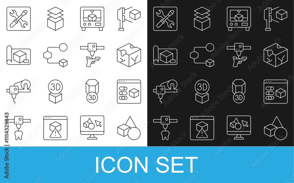 Poster set line basic geometric shapes, 3d printer, isometric cube, graphing paper for engineering, setting