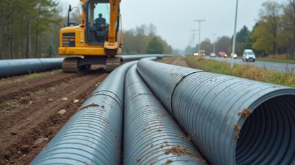 PVC Tubes Laid for Electrical Conduit Installation Along a Public Road. Generative AI
