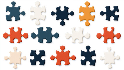 Naklejka premium Colorful puzzle pieces arranged in grid, showcasing various shapes and colors. vibrant hues include orange, navy, and cream, creating playful and engaging visual