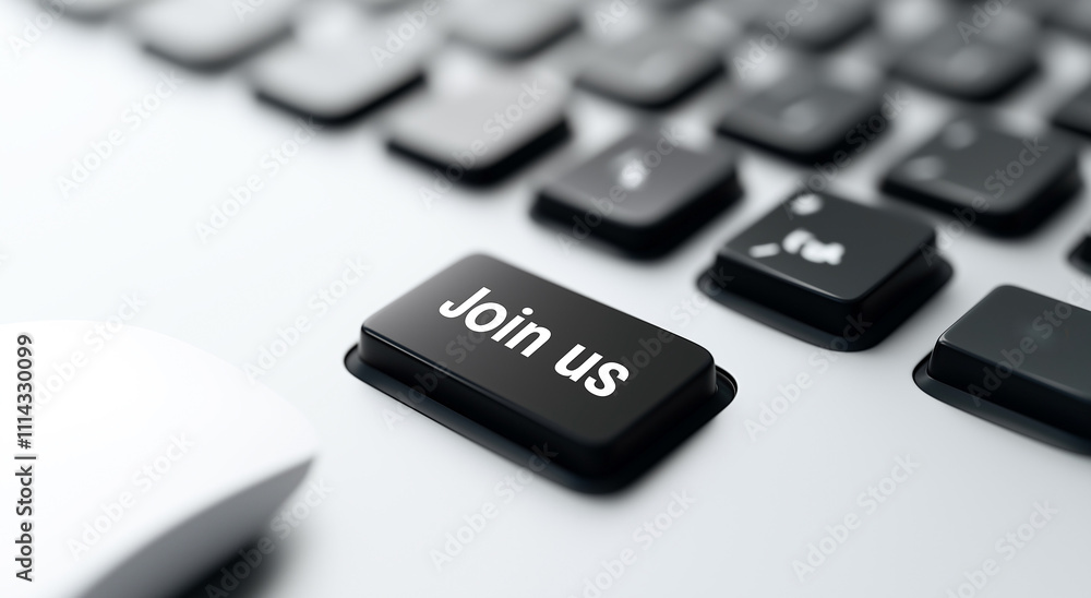Poster close up of keyboard featuring prominent join us button, inviting engagement and interaction. sleek 
