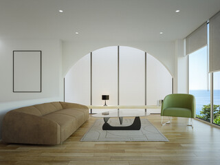 Sofa on wooden floor of living room in modern house. Minimal home interior 3d rendering with white wall.