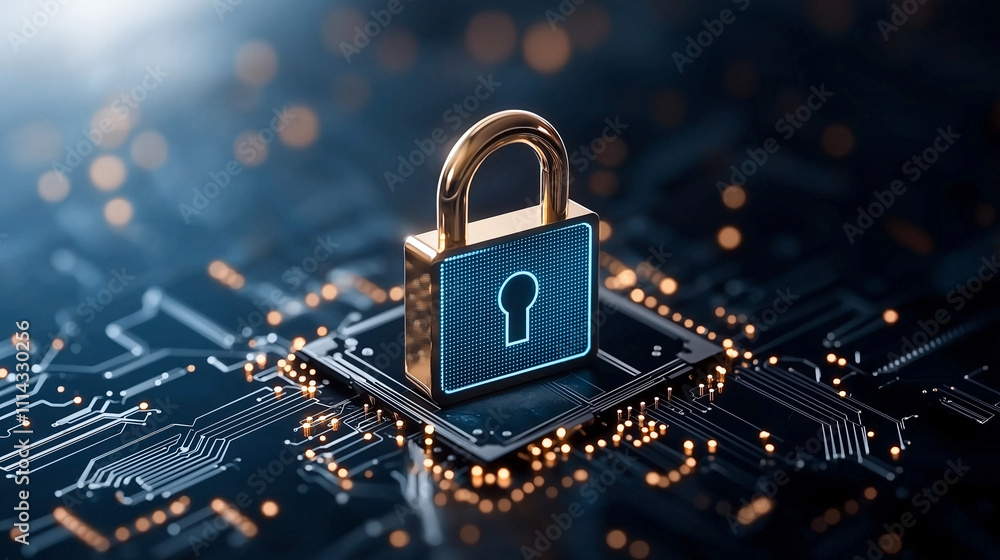 Poster digital padlock symbolizing cybersecurity on circuit board background, representing data protection 