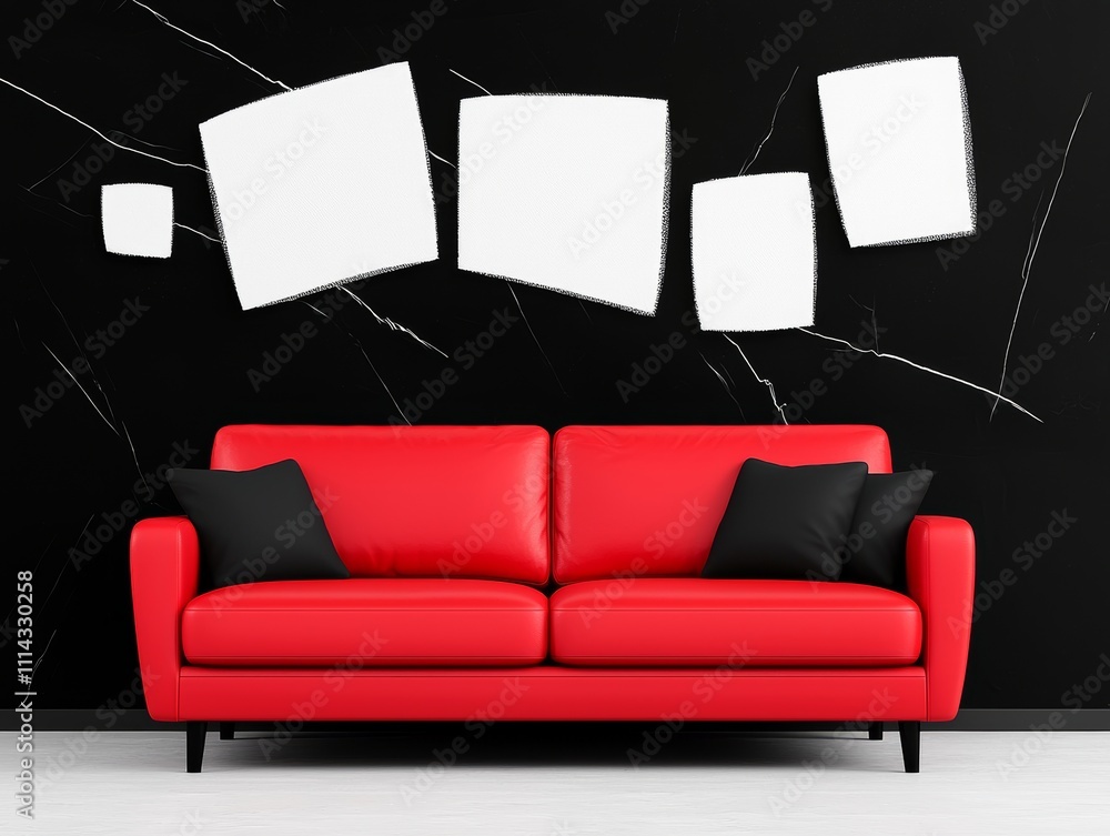 Poster a modern room highlighted by a red sofa in front of an abstract mural.