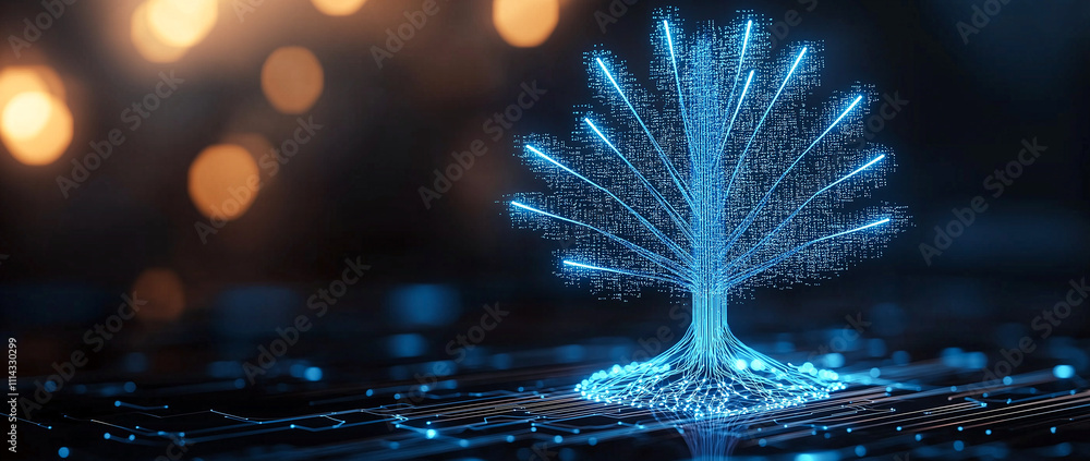 Poster glowing blue abstract tree made of digital lines and circuits, symbolizing technology and nature. ba