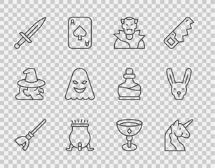 Set line Witches broom, Unicorn, Vampire, cauldron, Dagger, Ghost, Medieval goblet and Rabbit with ears icon. Vector
