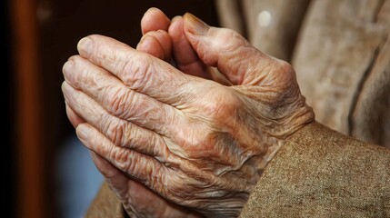 Close-up of elderly person's hands clasped together, showing age and wrinkles.