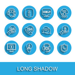 Set line Monitor with information, Information, Woman headset, Headphones, Telephone 24 hours support, and Speech bubble chat icon. Vector