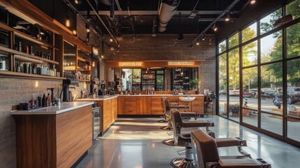 Fototapeta premium Modern barbershop interior with wood accents and large windows.