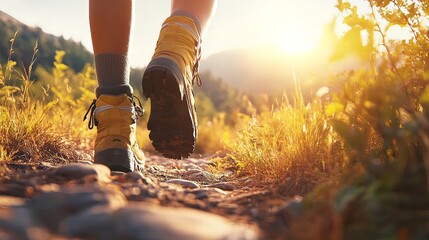 Close-up of hiking boots on a trail at sunset.
