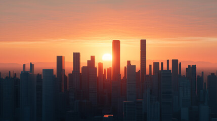 Fototapeta premium Stunning city skyline at sunrise, tall skyscrapers silhouetted against a vibrant sky, creating a breathtaking urban landscape.