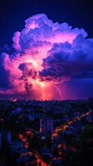 Fototapeta premium A thunderstorm and lightning struck over a city, city at night and lightning in the sky