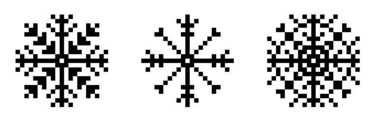 Pixel snowflakes set. A set of pixel vector snowflakes. Christmas New Year 8-bit style illustration.