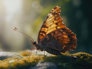 Brown butterfly on mossy ground