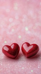 Fototapeta premium Two sparkling red hearts create a romantic atmosphere against a soft pink backdrop