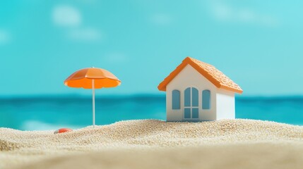 Fototapeta premium A miniature beach scene featuring a small house and an umbrella on sandy shorelines, with a backdrop of calming blue waters.