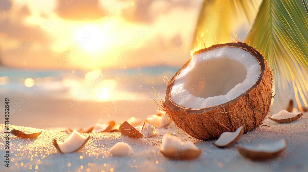 Wall mural a coconut rests on sandy beach shores, surrounded by small flakes, as the sun sets, casting a warm g