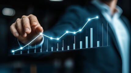 A male professional analyzing a digital graph with upward trends, signifying growth and success.