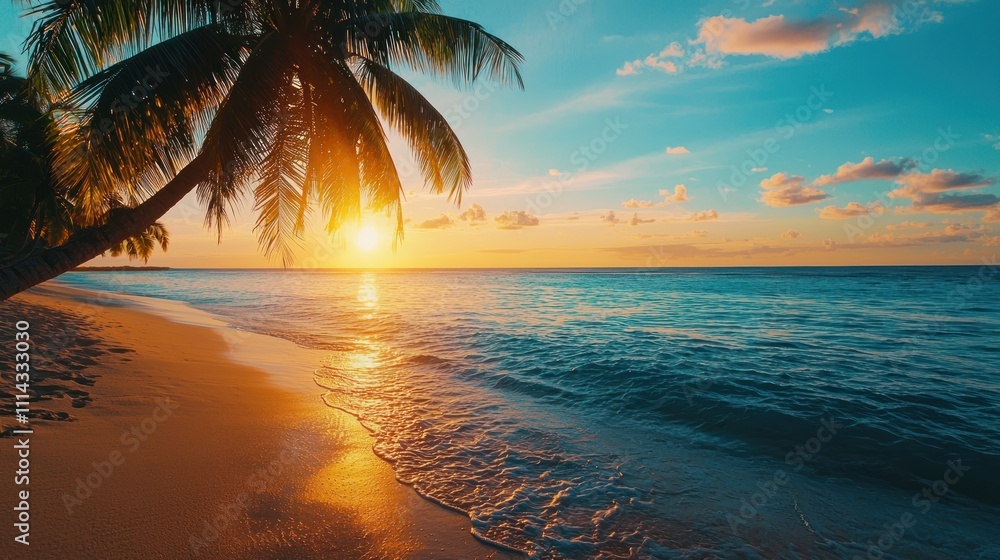 Wall mural a serene beach scene at sunset, featuring vibrant colors, gentle waves, and a palm tree leaning over