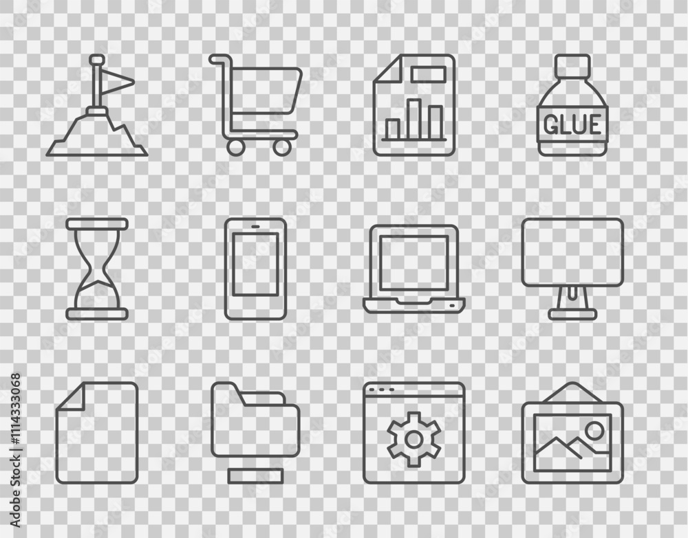 Poster set line file document, picture landscape, document with graph chart, folder, mountains flag on top,