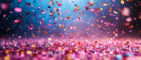 Flying neon confetti blankets a purple background in this festive party