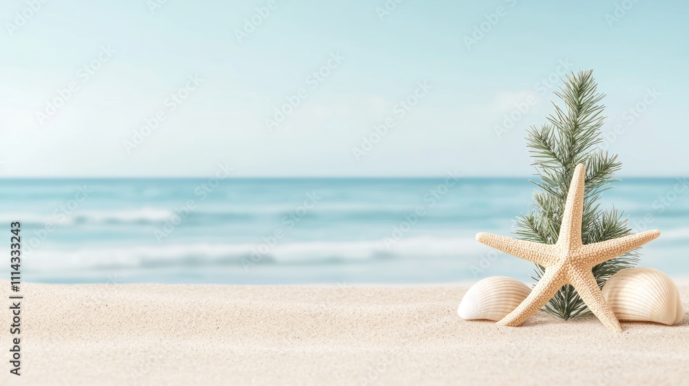 Wall mural a serene beach scene featuring a starfish, seashells, and a sprig of greenery against a tranquil oce