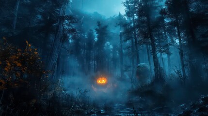A dark forest with a pumpkin lit from within, surrounded by mist.