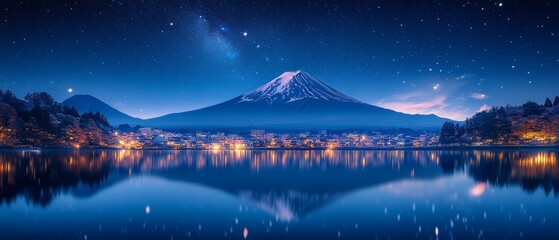 Fototapeta premium Japan sky at night, clear sky with many stars in Japan at night, with mount fuji at background