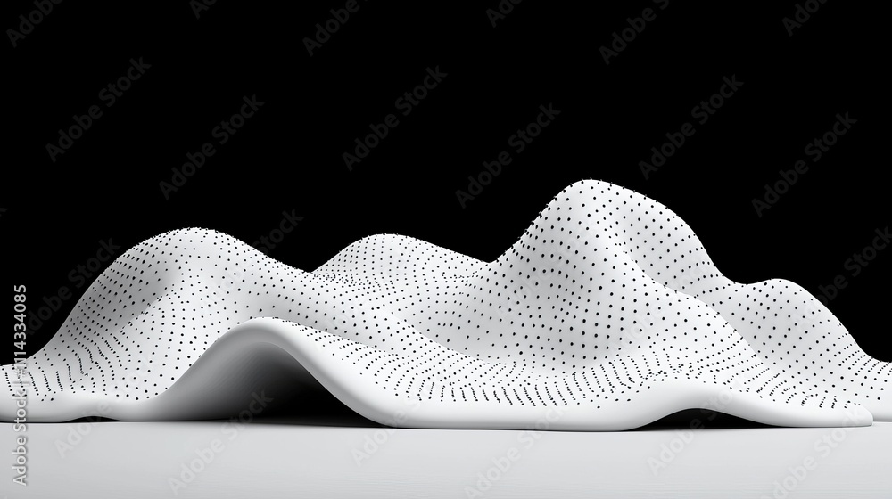 Poster an abstract pattern of black and white waves with textured spheres.