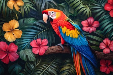 Fototapeta premium Colorful parrot perched on a branch surrounded by tropical flowers and lush greenery