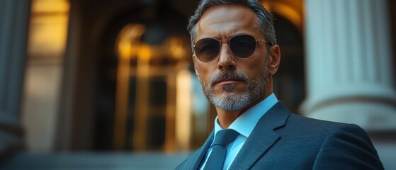 Serious middle-aged secret service agent security man in sunglasses and suit standing outside government building