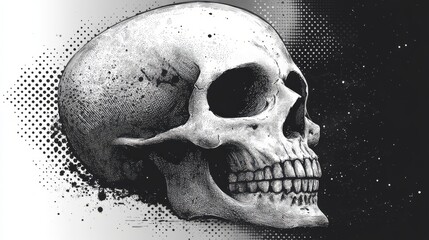 Skull with halftone stipple effect, for grunge punk y2k collage design. Illustration in grainy photocopy texture for experimental dotted retro banner design on white background