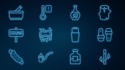 Set line Bamboo, Sauna slippers, Essential oil bottle, Bar of soap, Mortar and pestle, bucket and thermometer icon. Vector