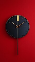 Modern living room with unique clock on red wall featuring elegant couch and decor