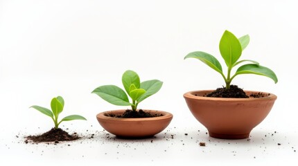 Ceramic Flower Pots With Soil Showcasing Varying Sizes of Young Plants Against a Plain Background. Generative AI