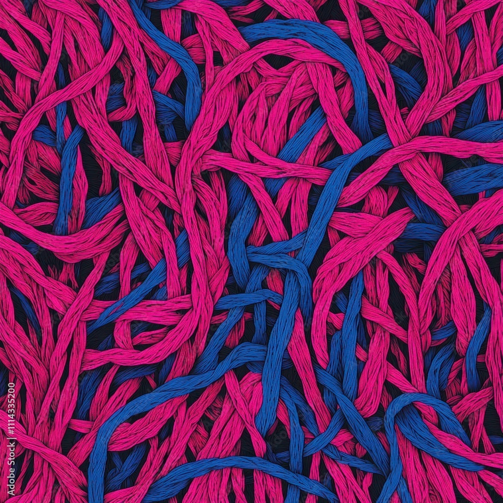 Poster abstract colorful patterns of intertwined threads in vibrant shades of pink and blue creating a dyna