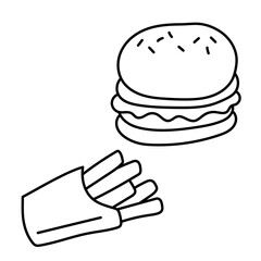 Burger and fries. Black and white illustration, hand drawn coloring.