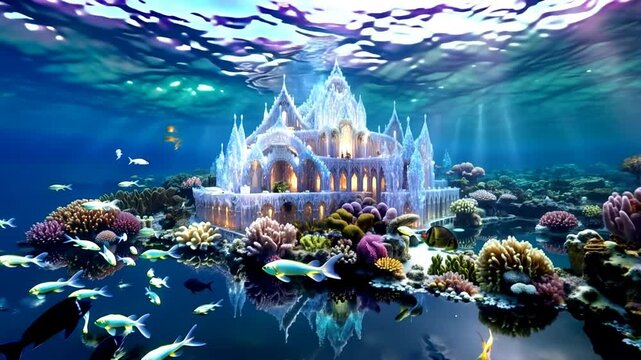 A breathtaking underwater mansion with glowing crystal walls, surrounded by colorful coral gardens and schools of shimmering fish