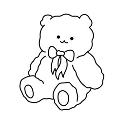 Cute teddy bear toy with a bow. Black and white illustration, hand drawn coloring.