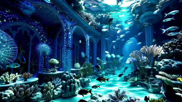 A breathtaking underwater mansion with glowing crystal walls, surrounded by colorful coral gardens and schools of shimmering fish