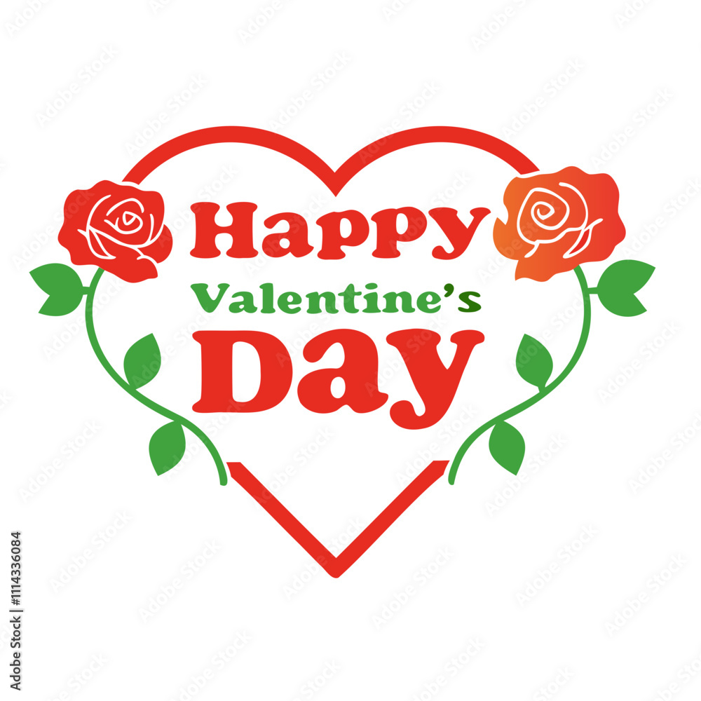 Fototapete vector silhouette of a valentine's day typography design in a heart shape with rose flowers isolated