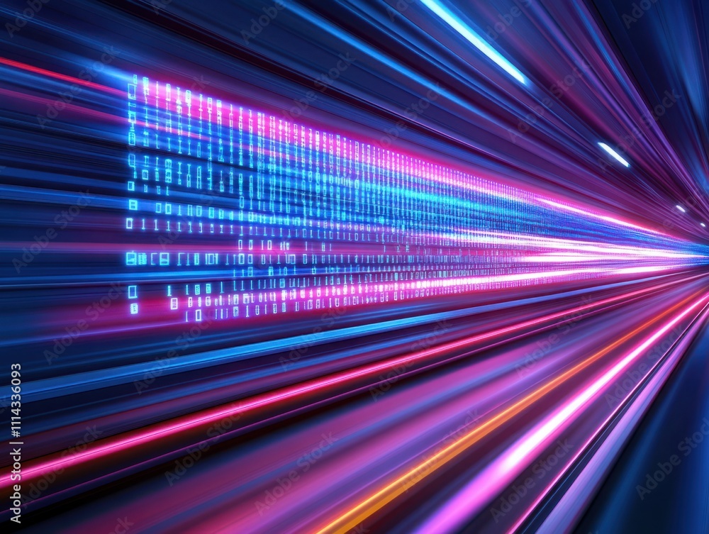 Poster abstract representation of digital data flowing in vibrant colors, showcasing futuristic technology,