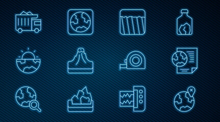 Set line Location on the globe, Earth with document, Ground, Volcano, core structure crust, Mining dump truck, Roulette construction and icon. Vector