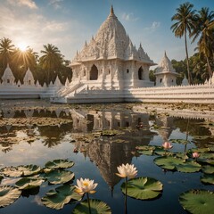 Obraz premium A white Hindu temple surrounded by a lotus-filled pond, its intricate carvings glistening in sunlight.
