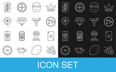 Set line Casino slot machine with grape, Playing card spades, 21 plus, Poker player, Diamond, clover, King playing diamonds and Martini glass icon. Vector