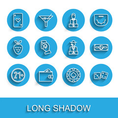 Set line 21 plus, Wallet with money, Playing card heart, Casino chips, Game dice, Hand holding playing cards, Stacks paper cash and Poker player icon. Vector