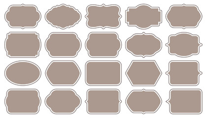 Beige stickers, decorative frames. Set of provance antique frames, collection of retro labels, royal wedding, sticker for sale or an invitation card. Isolated vector symbols. Simple beige label set