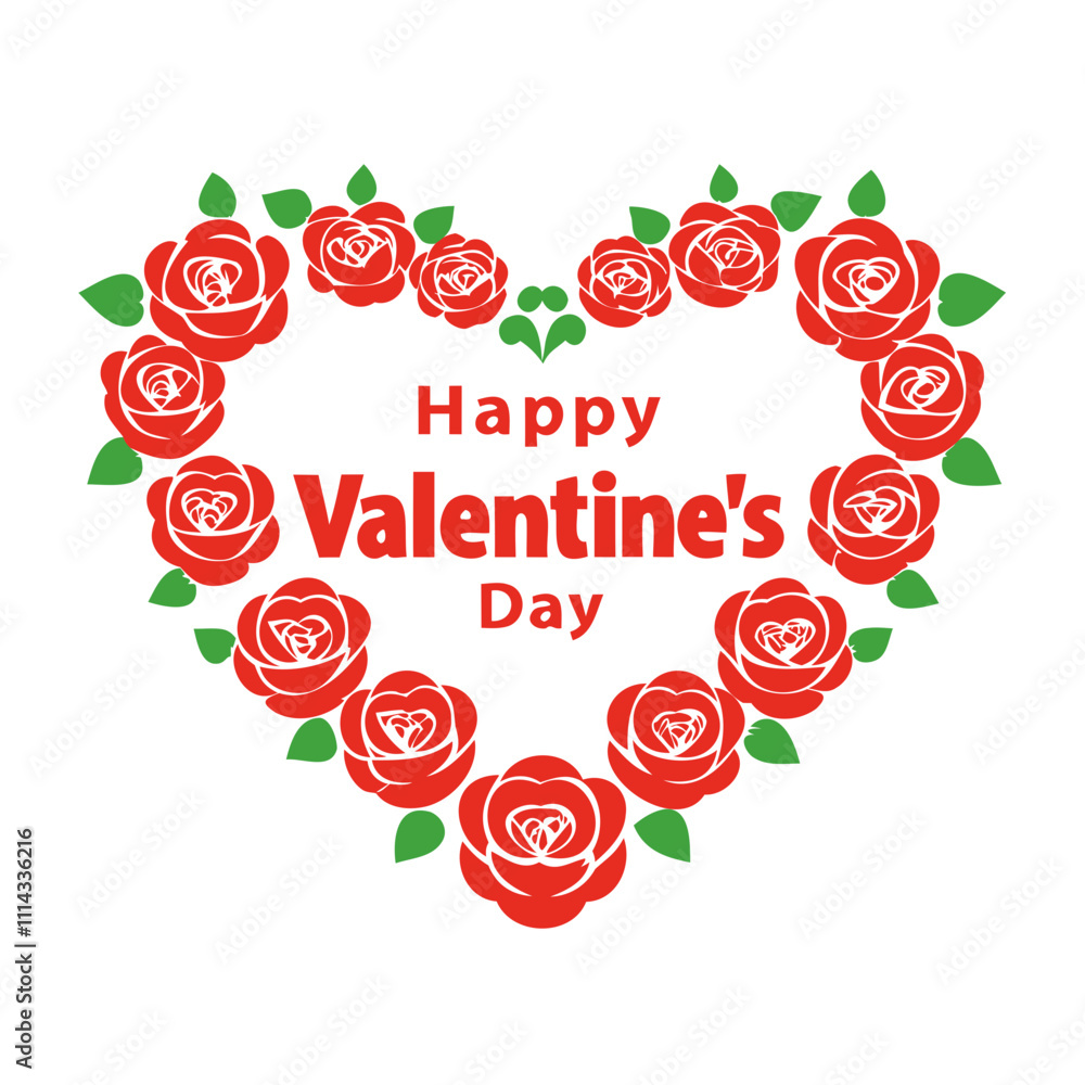 Fototapete vector silhouette of a valentine's day typography design in a heart shape with rose flowers isolated