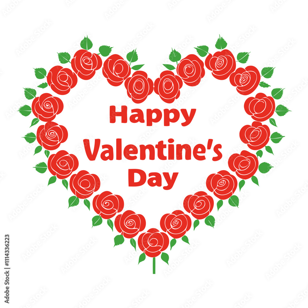 Fototapete vector silhouette of a valentine's day typography design in a heart shape with rose flowers isolated